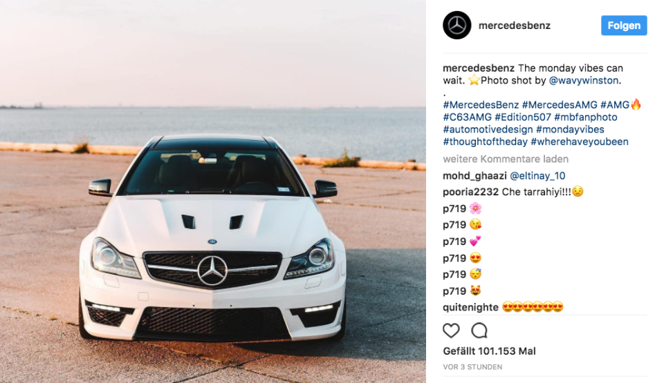 <p>Noch besser schneidet nur eine Marke ab, und zwar die mit dem Stern. Unglaubliche 22 Millionen Follower schauen sich auf Instagram die stylishen Autobilder von Mercedes an.<br> (Bild: instagram.com/mercedes) </p>