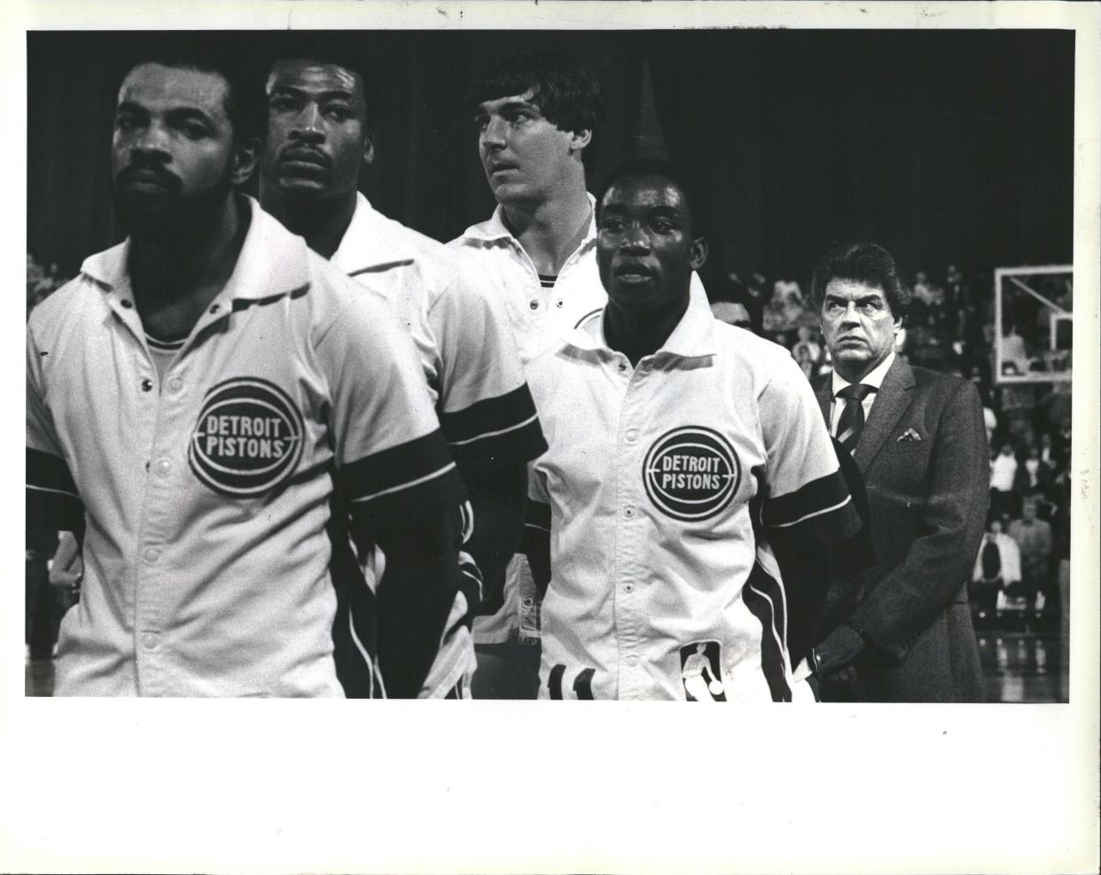 (From left) John Long, Bill Laimbeer, Isiah Thomas and Chuck Daly were all principal participants in Game 5 of the 1984 Eastern Conference quarterfinals at Joe Louis Arena.