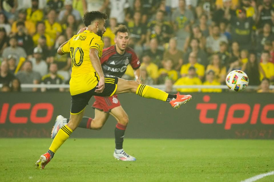 Jul 6, 2024; Columbus, OH, USA; Columbus Crew forward Diego Rossi (10) scores a goal during the second half of the MLS soccer match against Toronto FC at Lower.com Field. The Crew won 4-0.