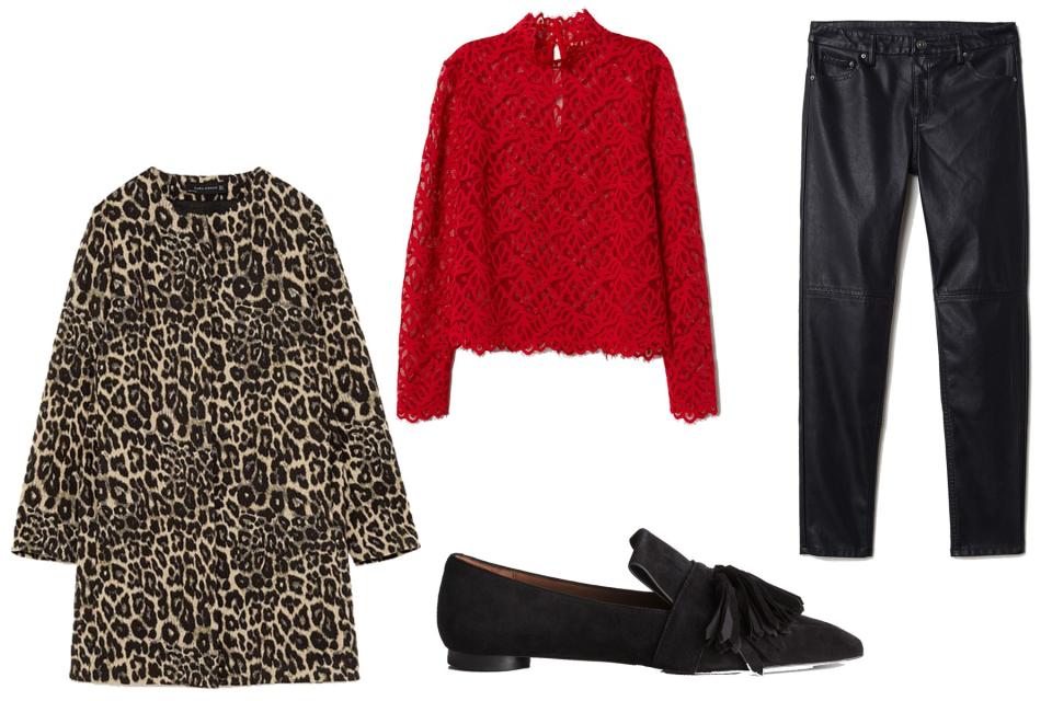 <p>Make your leather pants more statement-making than ever by way of a bright red top and leopard statement coat.</p> <p><strong>Shop Now:</strong> Zara Jacquard Animal Print Coat, $149. <a rel="nofollow noopener" href="https://www.zara.com/us/en/jacquard-animal-print-coat-p07970668.html?v1=6918576&v2=1074615" target="_blank" data-ylk="slk:zara.com;elm:context_link;itc:0;sec:content-canvas" class="link ">zara.com</a>. H&M Lace Top, $50. <a rel="nofollow noopener" href="https://www2.hm.com/en_us/productpage.0684948001.html" target="_blank" data-ylk="slk:hm.com;elm:context_link;itc:0;sec:content-canvas" class="link ">hm.com</a>. & Other Stories Suede Tassel Loafers, $129. <a rel="nofollow noopener" href="https://www.stories.com/en_usd/shoes/loafers/product.suede-tassel-loafers-black.0669566001.html" target="_blank" data-ylk="slk:stories.com;elm:context_link;itc:0;sec:content-canvas" class="link ">stories.com</a>. H&M Faux Leather Pants, $35. <a rel="nofollow noopener" href="https://www2.hm.com/en_us/productpage.0478549001.html" target="_blank" data-ylk="slk:hm.com;elm:context_link;itc:0;sec:content-canvas" class="link ">hm.com</a>.</p>