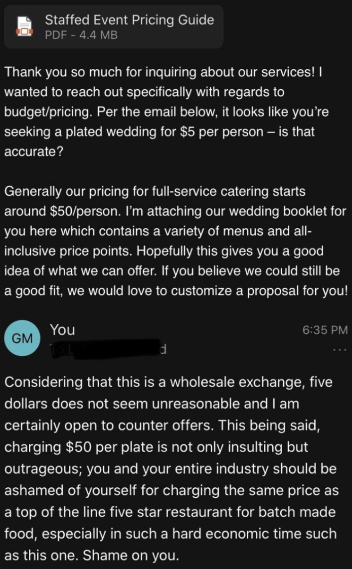 person insulting the catering business