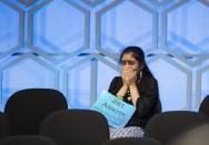 Ankita Vadiala of Manassas, Virginia, reacts to not receiving enough points to advance to the finals of the 88th annual Scripps National Spelling Bee at National Harbor, Maryland May 28, 2015. (REUTERS/Joshua Roberts)