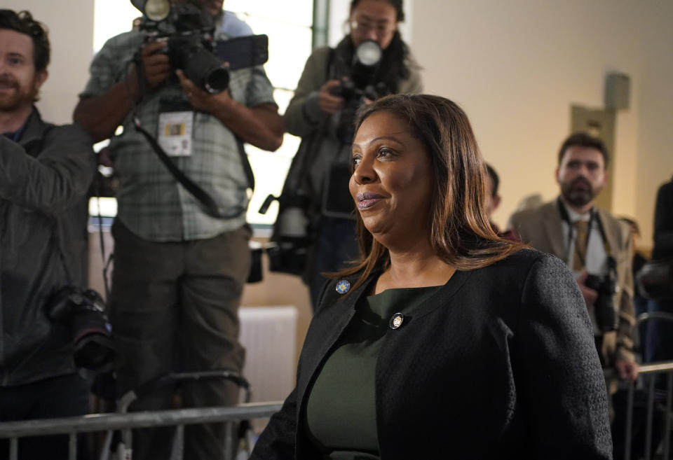 New York Attorney General Letitia James arrives for the trial of former President Donald Trump at New York Supreme Court, Tuesday, Oct. 17, 2023, in New York. (AP Photo/Seth Wenig)