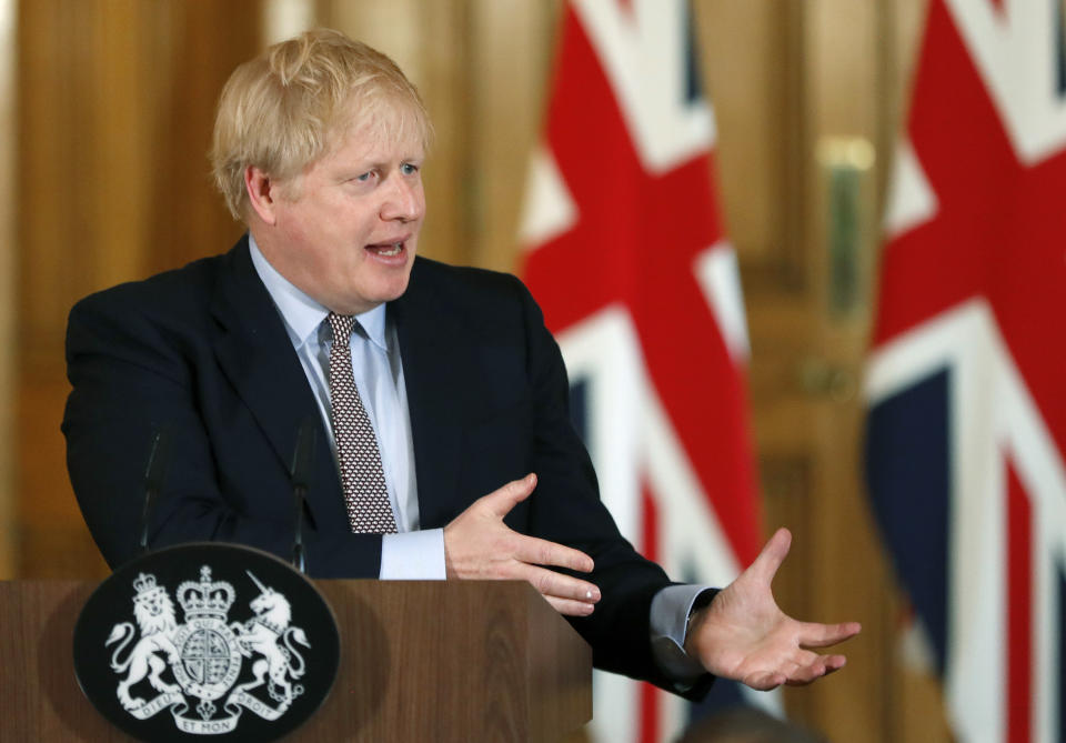 Prime Minister Boris Johnson speaks during a press conference, at 10 Downing Street, in London, on the government's coronavirus action plan.