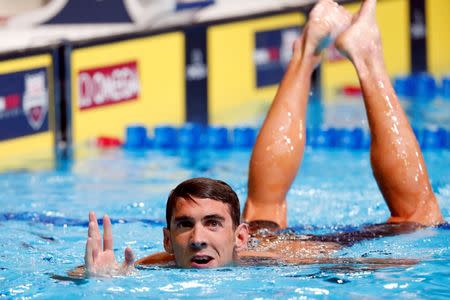 Jun 28, 2016; Omaha, NE, USA; Michael Phelps after the men's butterfly 200m semi-finals in the U.S. Olympic swimming team trials at CenturyLink Center. Mandatory Credit: Erich Schlegel-USA TODAY Sports