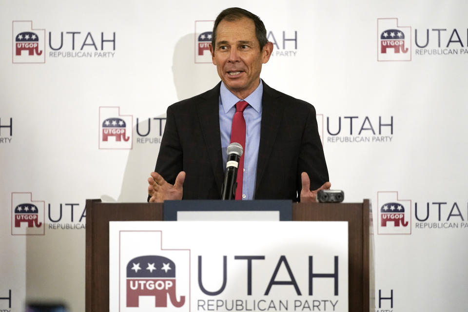 FILE - Utah's 3rd Congressional District Republican incumbent John Curtis speaks during an election night party, Nov. 3, 2020, in Sandy, Utah. Curtis announced he is jumping into the race Tuesday, Jan. 2, 2024, for the Utah U.S. Senate seat being vacated by Mitt Romney. (AP Photo/Rick Bowmer, File)