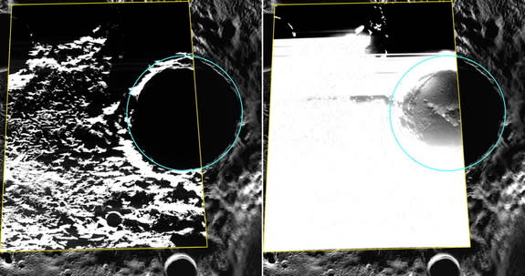 Kandinsky crater lies near Mercury's north pole, and may have hosted water ice. MESSENGER spacecraft's Wide Angle Camera broadband image appears at left, outlined in yellow, and superimposed on an MDIS polar mosaic. The view on the right shows