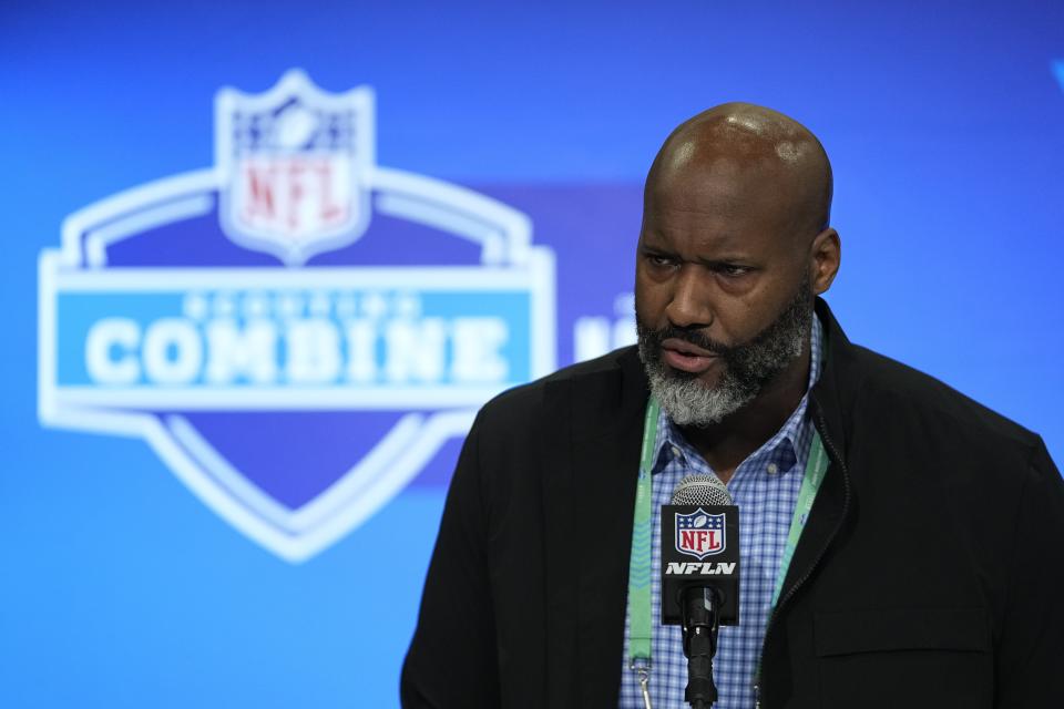 Detroit Lions general manager Brad Holmes speaks during a news conference at the NFL football scouting combine, Tuesday, Feb. 27, 2024, in Indianapolis. (AP Photo/Darron Cummings)