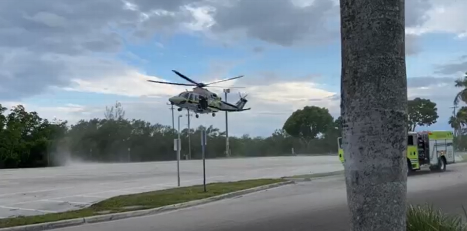 A Miami-Dade County Fire Rescue helicopter ambulance landed in the parking lot of Blackpoint Marina to rescue a man hit by a vehicle on May 22, 2023.