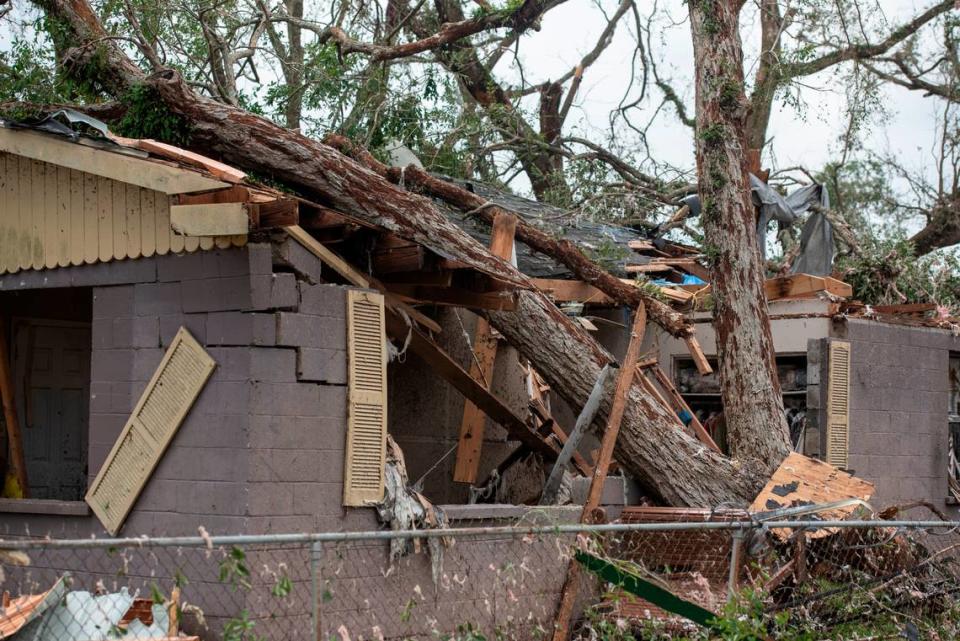 A damaged home in Moss Point on Tuesday, June 20, 2023, after a tornado tore through the town on Monday.