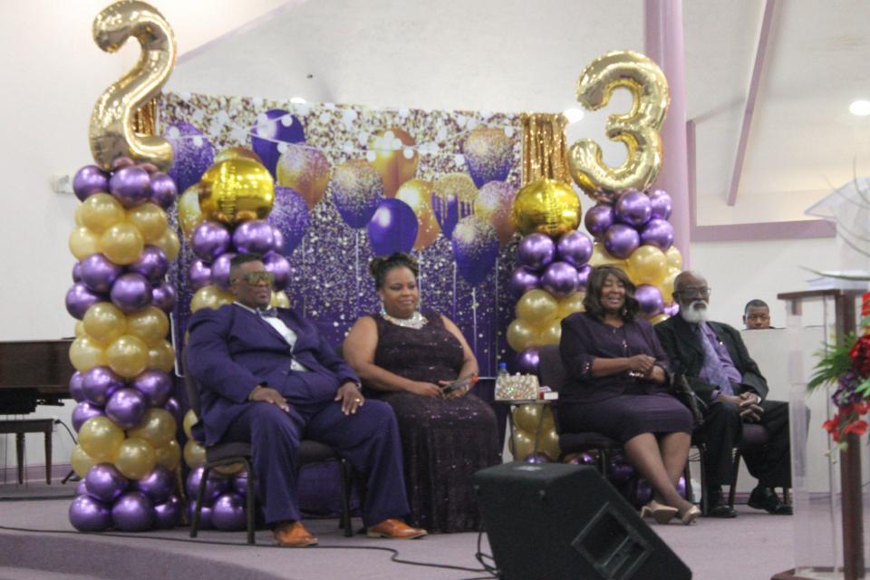 Upper Room Ministries in NE Gainesville celebrated the 23rd anniversary of its pastors and co-founders - Superintendent Karl Anderson and Shepherdess Pearlie Shelton. Pictured from left are Anderson, his wife Lady Brecka Anderson, Shelton, and her husband, First Gent McArthur Shelton I.
(Credit: Photo by Voleer Thomas, Correspondent)