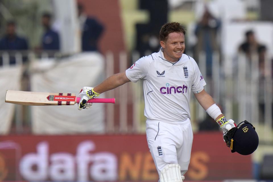 England's Ollie Pope celebrates after scoring century during the first day of the first test cricket match between Pakistan and England, in Rawalpindi, Pakistan, Dec. 1, 2022. (AP Photo/Anjum Naveed)