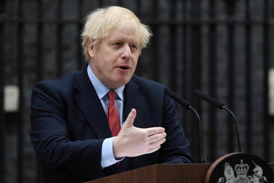 LONDON, ENGLAND - APRIL 27: Prime Minister Boris Johnson speaks in Downing Street as he returns to work following his recovery from Covid-19 on April 27, 2020 in London, England. The Prime Minister said the country needed to continue its lockdown measures to avoid a second spike in infections. (Photo by Chris J Ratcliffe/Getty Images)