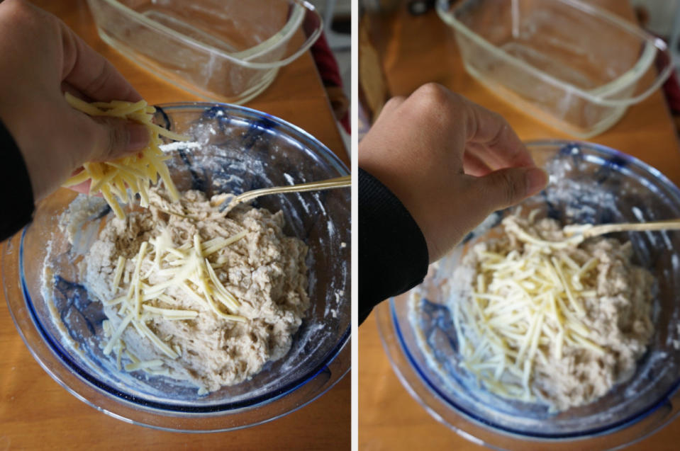 Author dropping cheese into the mixing bowl