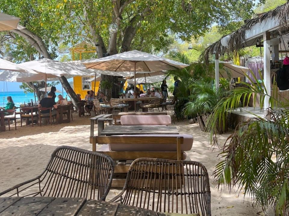 A beachfront restaurant with tables, chairs, and umbrellas. There is a large tree in the background.