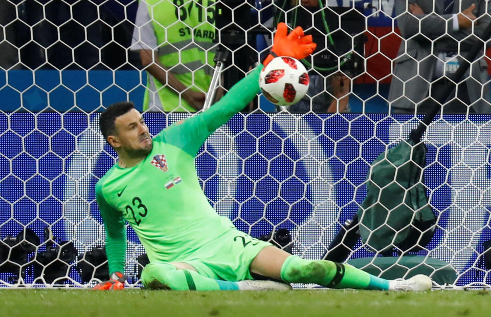 <p>Danijel Subasic saves the the first penalty of the shoot-out to give Croatia an early advantage </p>