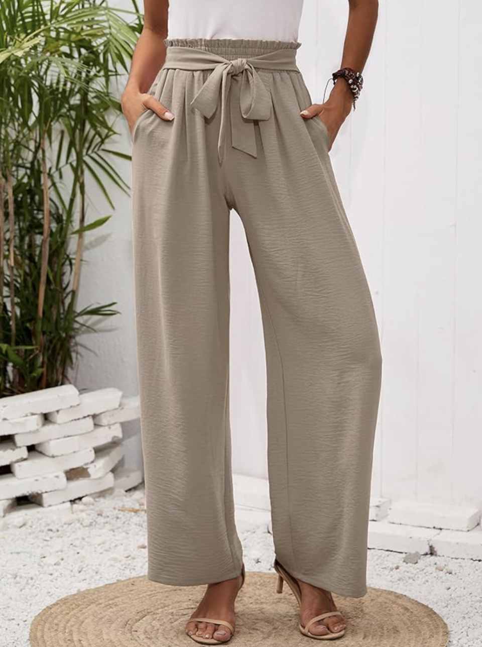 Heymoments Wide Leg Pants in Wheat (Photo via Amazon), Heymoments Wide Leg Women Pants Lightweiht Waisted Adjustable Tie Knot Loose Comfy Casual Trousers with Pocket S-2XL