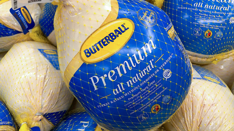 Alameda, CA - Nov 13, 2019: Grocery store freezer shelf with Butterball brand frozen turkeys.