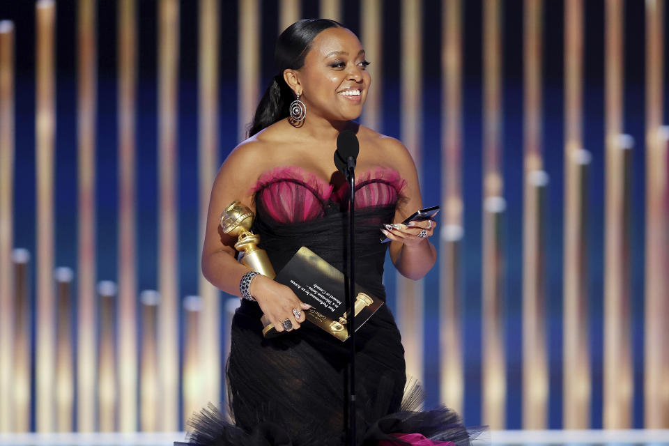 This image released by NBC shows Quinta Brunson accepting the Best Actress in a Television Series – Musical or Comedy award for "Abbott Elementary" during the 80th Annual Golden Globe Awards at the Beverly Hilton Hotel on Tuesday, Jan. 10, 2023, in Beverly Hills, Calif. (Rich Polk/NBC via AP)