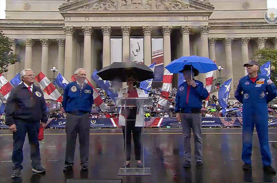 Heidi Grant, President of Boeing Business Development/Defense, Space, Security & Global Services, is flanked by Apollo 17 geologist Harrison Schmitt, Apollo 16 moonwalker Charlie Duke, Apollo 9 lunar module pilot Rusty Schweickart and active NASA astronaut Randy Bresnik at the 2023 National Memorial Day Parade in Washington, D.C..