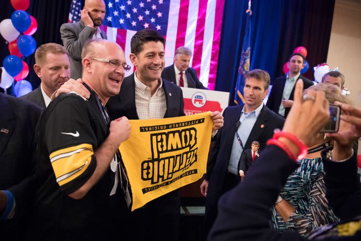 House Speaker Paul Ryan poses with Michael McMullen, of Gibsonia, Pa., during a breakfast with Pennsylvania delegates Monday. (Evan Vucci/AP)