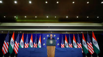 U.S. President Donald Trump speaks during a news conference in New Delhi, India, February 25, 2020. REUTERS/Al Drago