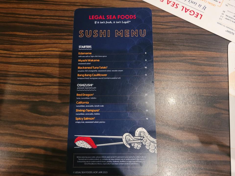 Sushi menu at Legal Sea Foods