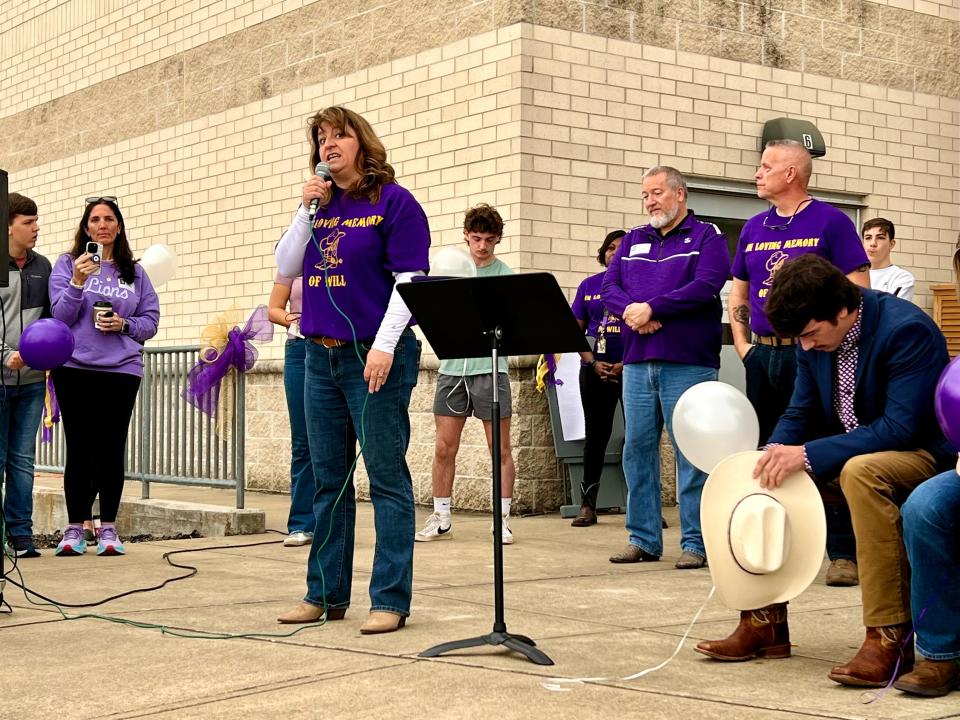 Maury County Schools Superintendent Lisa Ventura speaks of the memory and legacy of Will Spiess during a special balloon release ceremony at Central High School on Friday, Nov. 17, 2023.