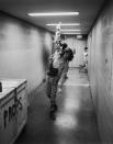 <p>Mick Jagger practices his bowling in the corridor during the Rolling Stones Tour of the Americas, 1975.</p>