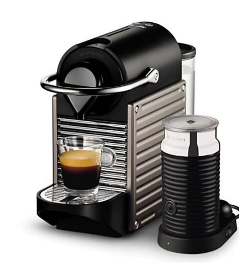 <a href="https://fave.co/3fBIcWC" target="_blank" rel="noopener noreferrer">This Nespresso Pixie Espresso Machine by Breville</a> is a petite espresso machine that heat up in less than 30 seconds with the push of a button and comes with a separate Aeroccino milk frother.<br /><strong>Rating</strong>: 4.7-star<br /><strong>Reviews</strong>: more than 100<br /><br />Find it for <a href="https://fave.co/3fBIcWC" target="_blank" rel="noopener noreferrer">$250 at Bed Bath &amp; Beyond</a>.