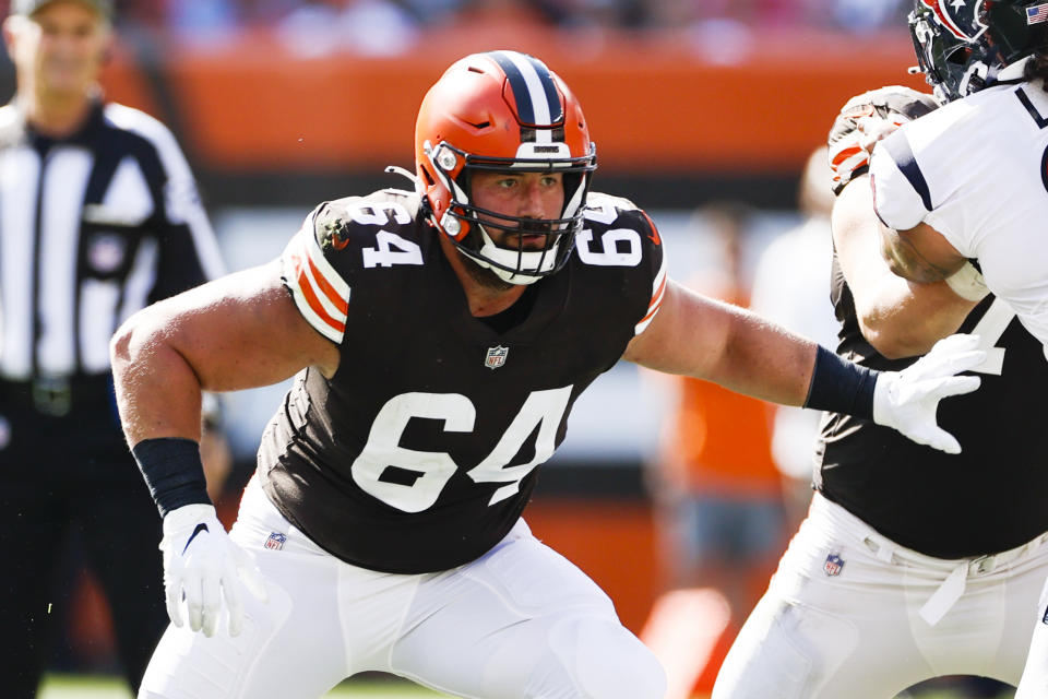 FILE - Cleveland Browns center JC Tretter plays against the Houston Texans during the second half of an NFL football game Sept. 19, 2021, in Cleveland. Former Browns and Packers center JC Tretter announced his retirement Thursday, Aug. 25, 2022, after eight seasons in the NFL. Tretter, the current president of the NFL Players Association, only missed one game for Cleveland over the past five seasons despite battling injuries. He said on Twitter that he's decided “to stop playing when I wanted to — on my own terms.” (AP Photo/Ron Schwane, File)