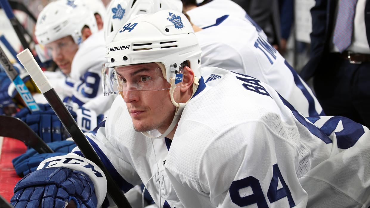 Toronto Maple Leafs defenceman Tyson Barrie heads straight to the dressing room after blocking a shot against the Edmonton Oilers. (Photo by Len Redkoles/NHLI via Getty Images)    