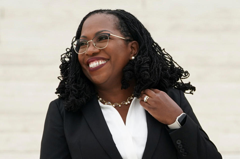 Supreme Court Associate Justice Ketanji Brown Jackson  outside the court following an investiture ceremony in Washington, D.C., on Friday. 