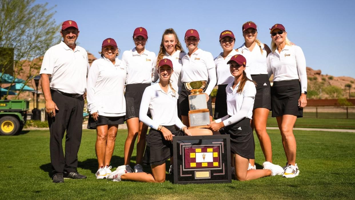 The Arizona State women's golf team celebrates its victory in the Ping/ASU Invitational at Papago Golf Course in Phoenix.