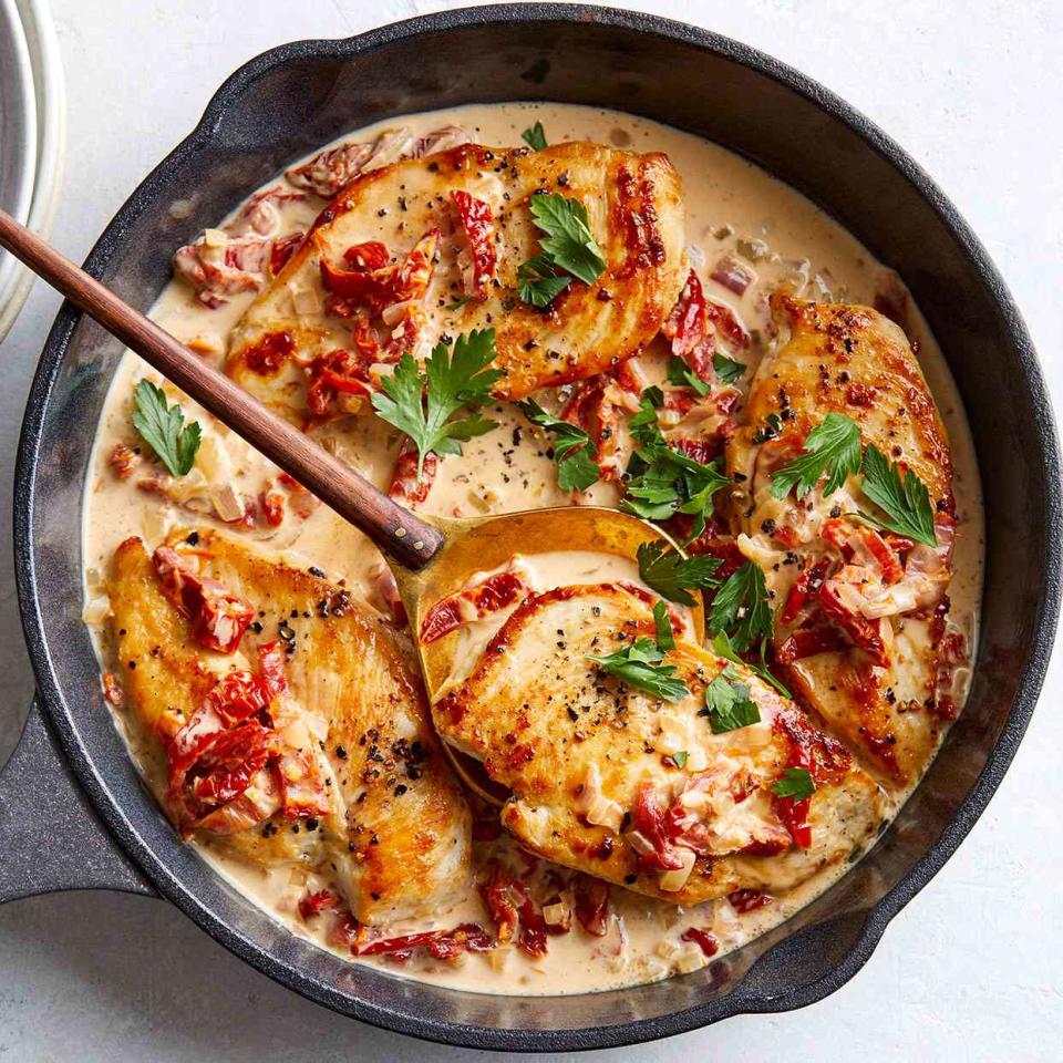 <p>Though a chicken cutlet may be a chicken breast cut in half, this recipe shows how to make chicken cutlets with double the deliciousness. A jar of sun-dried tomatoes does double duty for this healthy dinner recipe. The flavorful oil they're packed in is used to sauté the chicken, and the tomatoes go into the cream sauce.</p>