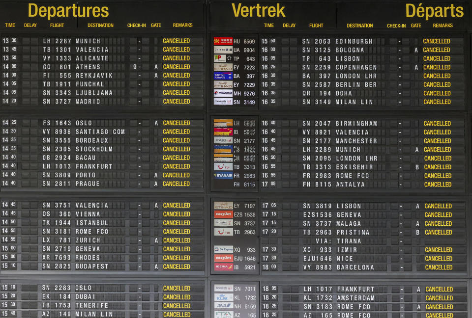 FILE - A departures board with cancelled flights in the departures hall at Brussels international airport during a general strike in Brussels, Monday, June 20, 2022. (AP Photo/Olivier Matthys, File)