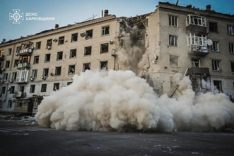 Images posted on Telegram by Ukraine’s State Emergency Service show the aftermath of a Russian strike on a residential building in Kharkiv this morning (Telegram)