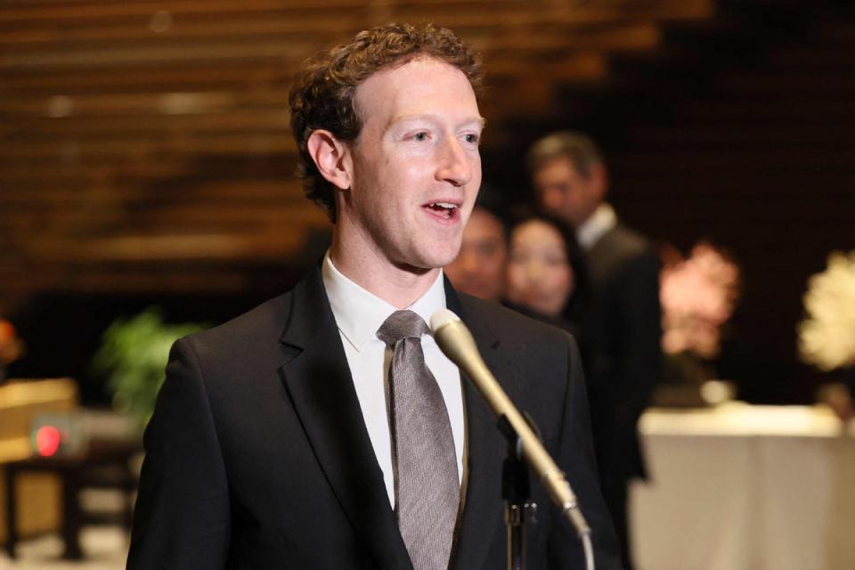 Mark Zuckerberg, pictured in February 2024, speaking to reporters at the Japanese prime minister’s office during his visit to Tokyo. Zuckerberg has declined to endorse anyone in the 2024 election (JIJI Press/AFP via Getty Images)