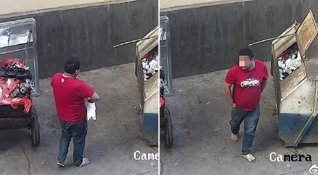 Stills from CCTV footage show the man placing the child in a bin. Source: Police/ Yunnan Daily