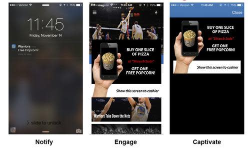 Free popcorn announcement on an iPhone from the Golden State Warriors app