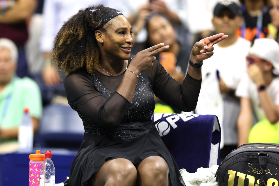 Serena Williams celebrates after defeating Danka Kovinic of Montenegro in the first round of the US Open on Monday in New York. (Photo by Al Bello/Getty Images)