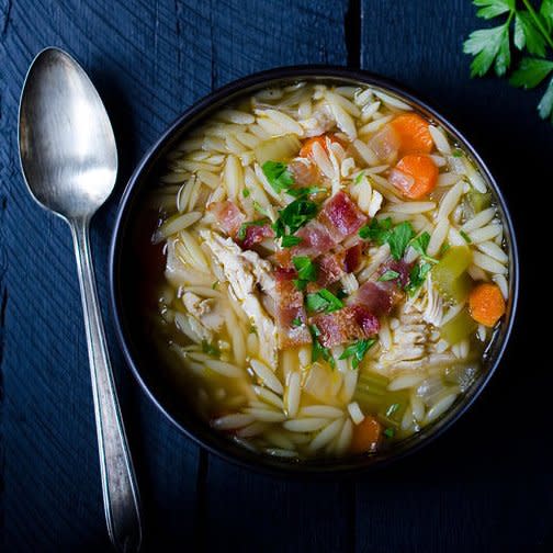 One Pot Chicken and Bacon Orzo Soup