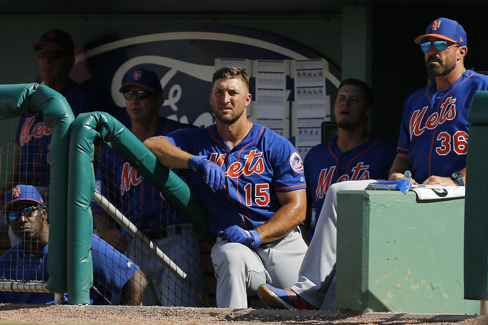 FORT MYERS, FLORIDA - MARCH 09:  Tim Tebow #15 of the New York Mets looks on against the Boston Red Sox during the Grapefruit League spring training game at JetBlue Park at Fenway South on March 09, 2019 in Fort Myers, Florida. (Photo by Michael Reaves/Getty Images)