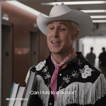 Man in cowboy attire with text from "Barbie The Movie" asking to talk to a doctor