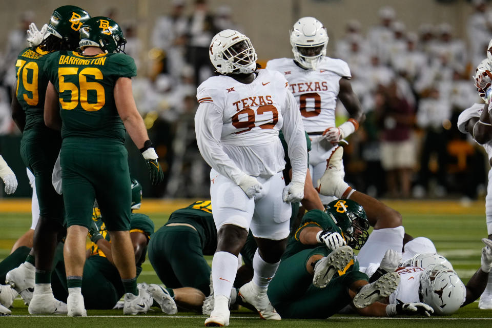 Sep 23, 2023; Waco, Texas, USA; Texas Longhorns defensive lineman T’Vondre Sweat (93) celebrates after a play against the <a class="link " href="https://sports.yahoo.com/ncaaf/teams/baylor/" data-i13n="sec:content-canvas;subsec:anchor_text;elm:context_link" data-ylk="slk:Baylor Bears;sec:content-canvas;subsec:anchor_text;elm:context_link;itc:0">Baylor Bears</a> during the first half at McLane Stadium. Mandatory Credit: Chris Jones-USA TODAY Sports