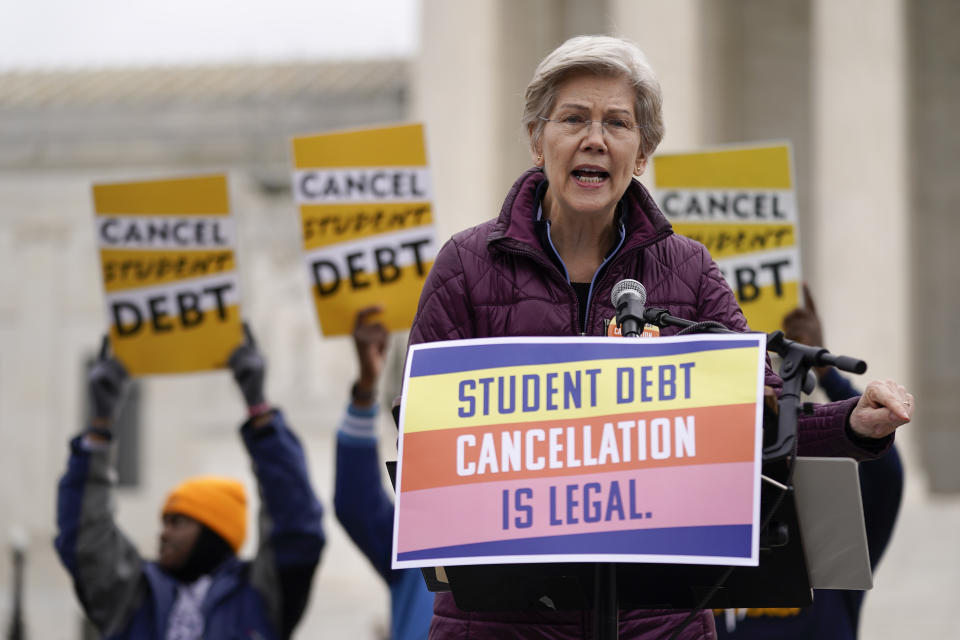Sen. Elizabeth Warren, D-Mass., speaks at a rally for student debt relief advocates gather outside the Supreme Court on Capitol Hill in Washington, Tuesday, Feb. 28, 2023, as the court hears arguments over President Joe Biden's student debt relief plan. (AP Photo/Patrick Semansky)