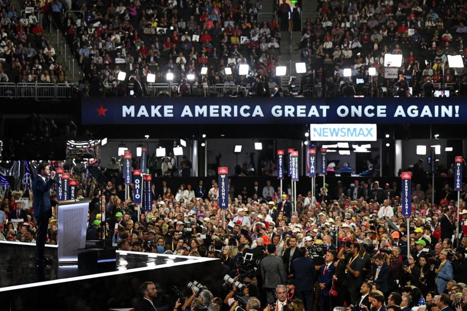PHOTO: Republican vice-presidential candidate, J.D. Vance speaks on stage on the third day of the Republican National Convention, July 17, 2024, in Milwaukee. (Leon Neal/Getty Images)