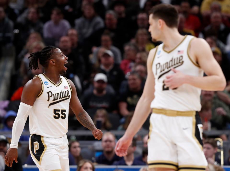 Purdue Boilermakers guard Lance Jones (55) reacts to a Utah State Aggies missed shot during NCAA Men’s Basketball Tournament game, Sunday, March 24, 2024, at Gainbridge Fieldhouse in Indianapolis. Purdue Boilermakers won 106-67.