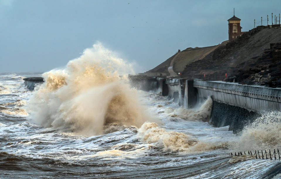 Waves break on the sea front in Blackpool. Thousands of people have been left without power as Storm Isha brought disruption to the electricity and transport networks across the UK. Picture date: Monday January 22, 2024. (Photo by Danny Lawson/PA Images via Getty Images)
