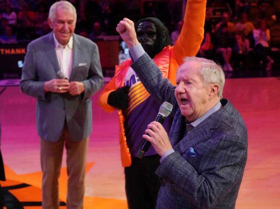 Apr 9, 2023; Phoenix, AZ, USA; Al McCoy is  honored for 51 seasons as 'Voice of The Suns' during halftime of their game against the Los Angeles Clippers at Footprint Center.